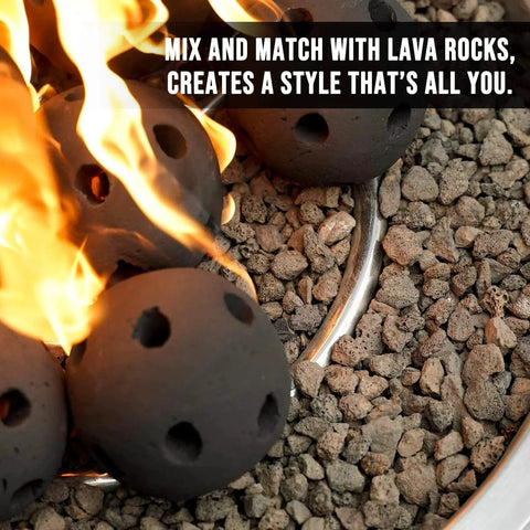 Hollow Ceramic Balls, Set of 12 Round Fire Stones Set, Black, used with lava rocks in a fire pit, showcasing heat-resistant feature