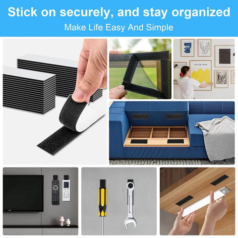 Collage showing 32 Sets 1x4 Inch Hook And Loop Strips With Adhesive Heavy Duty Mounting Strips for various uses including picture hanging and remote controls.
