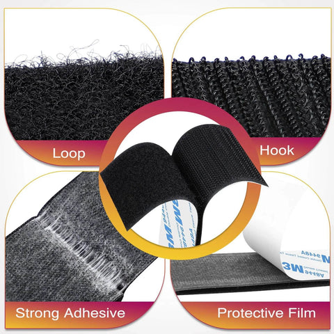 Heavy Duty Black Hook And Loop Strips With Adhesive 2 By 5 Inch 10 Pairs 20 Strips Heavy Duty Double Sided Adhesive Hanging Strips For Home Office School Craft Projects showing loop, hook, strong adhesive, and protective film.