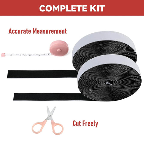 Heavy Duty Hook And Loop Tape With Adhesive Back 32 Foot Roll 1 Inch Wide Double Sided Strips With Mad Strong Sticky Hold For Home Office School Car Black Includes Scissors And Measuring Tape Cut Freely, shown with measuring tape and scissors.