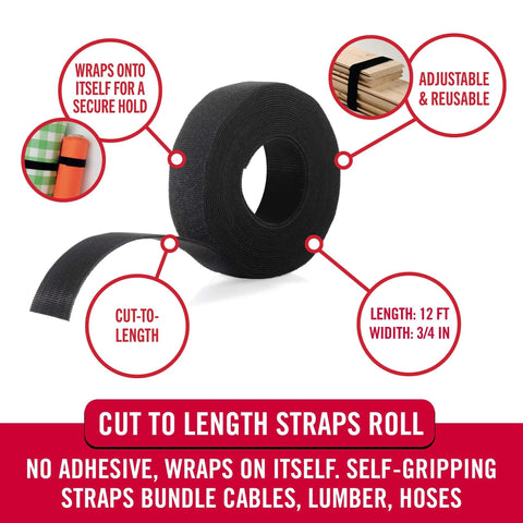 One-Wrap Double-Sided Self Gripping Hook And Loop Tape Roll for Cable Management, 12 ft by 3/4 inch, indoor outdoor use