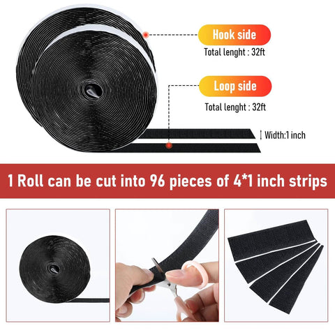 Heavy Duty Hook And Loop Tape With Adhesive Back 32 Foot Roll 1 Inch Wide Double Sided Strips With Mad Strong Sticky Hold For Home Office School Car Black Includes Scissors And Measuring Tape Cut Freely, showing rolled tape, cutting, and strips.