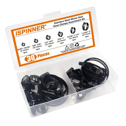 30 Pieces Black Hose Clamps Set With 6 To 51 Millimeters Adjustable Range 304 Stainless Steel Worm Gear Hose Clamps Assortment Kit Six Sizes For Plumbing Automotive And Mechanical Applications in an open plastic case with six divided compartments and product details on the lid.