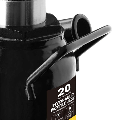 Close-up of Heavy Duty 20 Ton Hydraulic Bottle Jack Low Profile Stubby Lift for Auto Repair and Home Garage Use 40,000 lbs Capacity