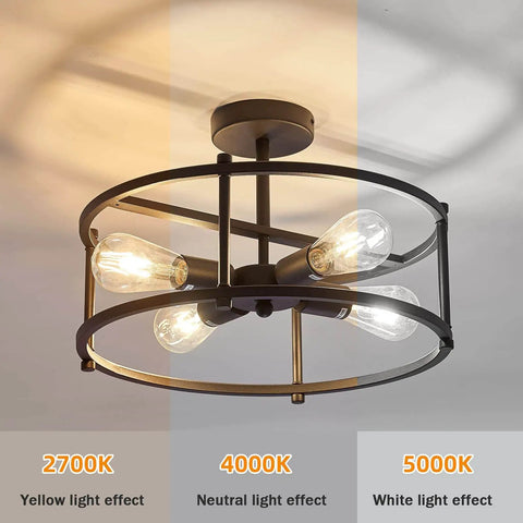 Industrial Semi Flush Mount Ceiling Light Four Light Rustic Metal Fixture In Matte Black with dimmable bulbs