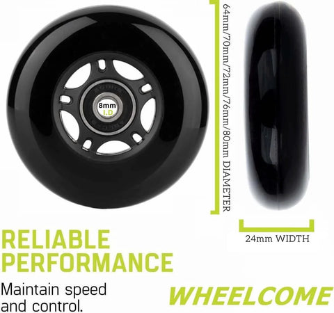 Inline Skate Wheels Outdoor & Indoor Blade Roller Skate Wheels 85a Roller Hockey Wheels w/Bearings ABEC-9 for Scooter Luggage Repair, side and front view.