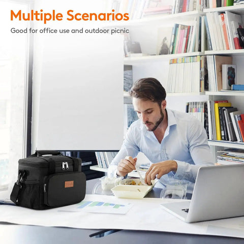 This 9L insulated lunch bag keeps meals fresh and portable with space for 12 cans, a water resistant 600D exterior, office setting