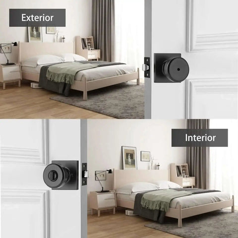 Black Interior Door Knobs For Bathroom And Bedroom Pismo Privacy Doorknob With Turn Lock And Square Rosette installed on bedroom door