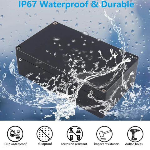 Outdoor IP67 Waterproof Electrical Box In Black ABS Junction Box With Cable Glands For DIY Projects, shown waterproof in splash.