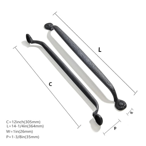 Two Pack 12 Inch Center To Center Black Iron Cabinet Pulls Antique Black Rustic Hammered Drawer Handles with dimensions diagram