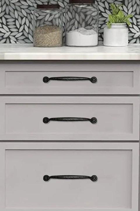 Two Pack 12 Inch Center To Center Black Iron Cabinet Pulls Antique Black Rustic Hammered Drawer Handles for Kitchen Cabinets and Furniture installed on drawers