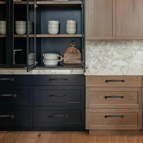 Two Pack 12 Inch Center To Center Black Iron Cabinet Pulls on kitchen cabinets with marble countertop