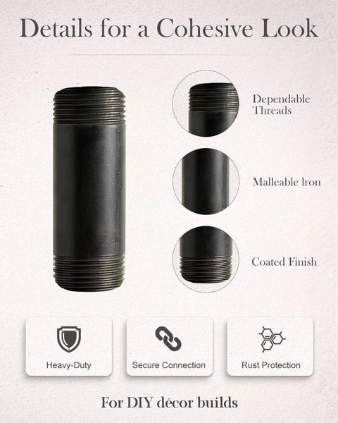 Ten Pack Of One Half Inch By Two Inch Black Malleable Iron Pipe Nipples Fitting For DIY Steampunk Industrial Vintage Style Home Decor And Maker Projects Threaded Both Ends Ready For Quick Assembly And Long Lasting Rust Resistant Performance. Image shows a close-up of a single black malleable iron pipe nipple with threaded ends, labeled with dependability, material, and finish details for DIY decor projects.