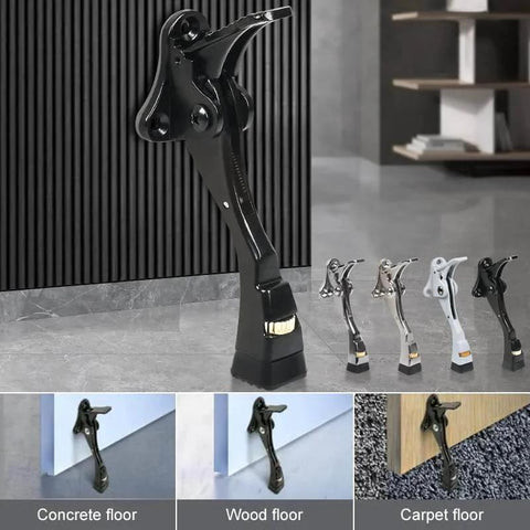 Black Kick Down Door Stoppers for Bottom of Door, Heavy Duty Kickdown Door Stop displayed on various floor types