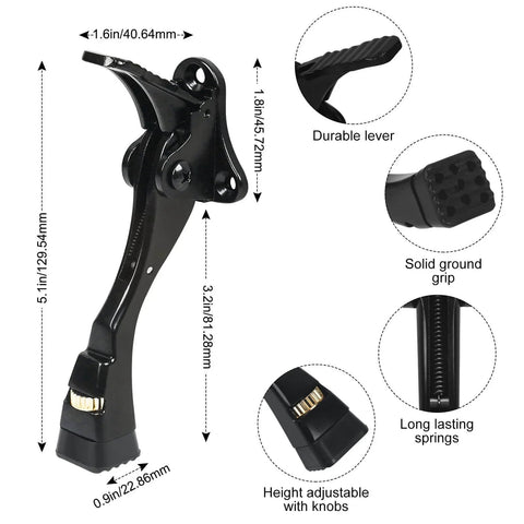 Black Kick Down Door Stoppers for Bottom of Door, side view showing adjustable aluminum body and rubber tips, dimensions labeled.