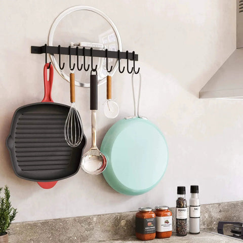 Gourmet Kitchen Rail with 10 Hooks, Wall Mounted Wrought Iron Hanging Utensil Holder Rack with Black 17 Inch, organizing pans and tools