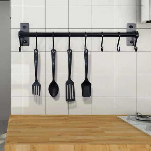Kitchen Utensil Holder Hanger, Pot and Pan Rack Wall Mounted, Kitchen Rail with 8 Hooks for Hanging Cooking Utensils, Black