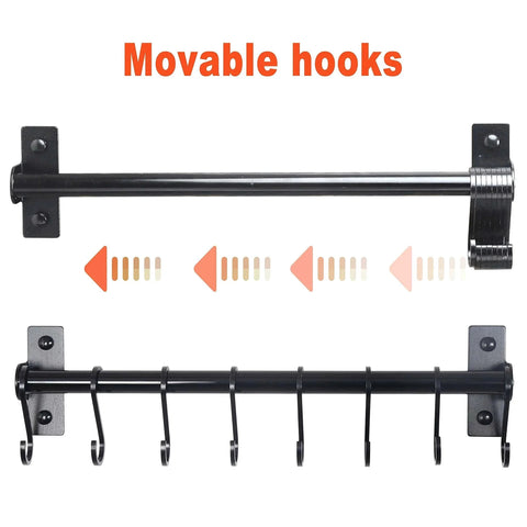 Kitchen Utensil Holder Hanger, Pot and Pan Rack Wall Mounted with movable hooks, black aluminum, pack of 2.