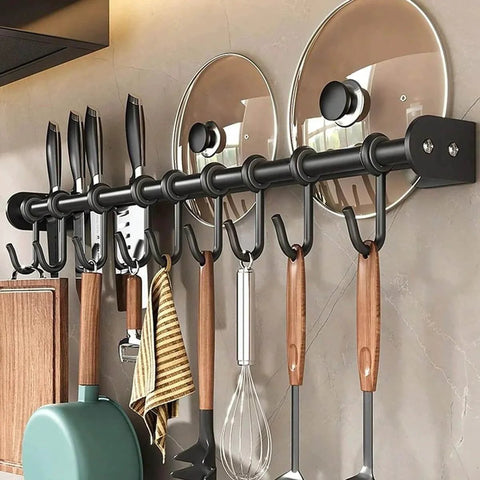 Modern Kitchen Utensil Rack, Black Wall-Mounted Hanging Rod with 6 Movable Hooks, 15.75 Inch Metal Storage Organizer holding utensils