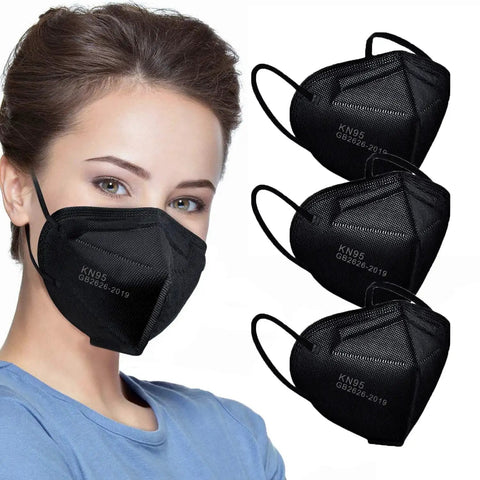 Five Layer Cup Design KN95 Face Masks Black Fifty Pack For Everyday Protection Non Medical Breathable With Elastic Ear Loops