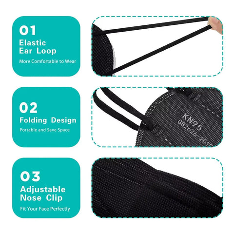 Five Layer Cup Design KN95 Face Masks Black Fifty Pack For Everyday Protection Non Medical with elastic ear loops