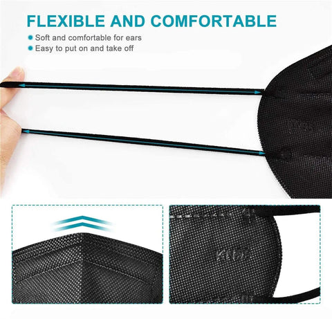 Five Layer Cup Design KN95 Face Masks Black Fifty Pack For Everyday Protection Non Medical Breathable With Elastic Ear Loops And Adjustable Nose Clip Filtration Ninety Five Percent Everyday Use close-up on flexible ear loops and texture
