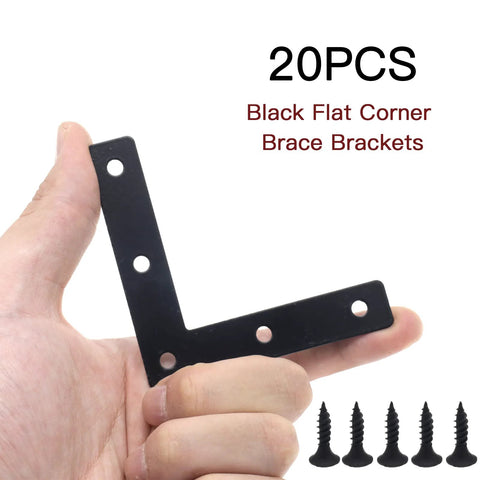20pcs Black L Flat Shape Braces Corner Bracket, 80x80 mm Decorative Corner Brackets Mending Plate, Cold Rolled Steel 90 Degree Angle Bracket