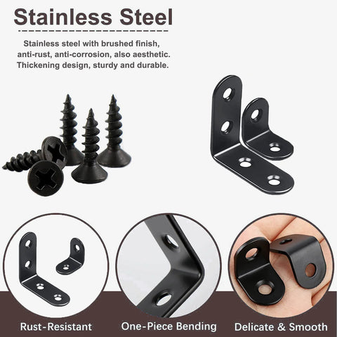 ✝️ 20PCS L Bracket Corner Bracket,Black Small Right Angle Bracket for Wood Furniture Cabinet Chair with screws, stainless steel, anti-corrosion features shown.