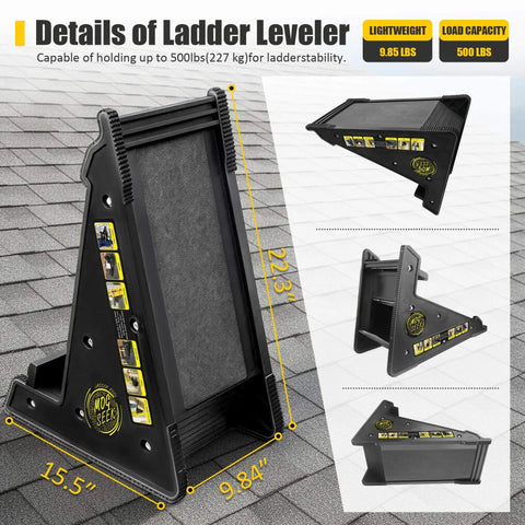 Stable Platform Ladder Leveler For Extension Ladders With Built In Storage, Beefy Black Plastic, side view on roof