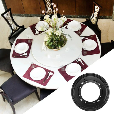 Elegant dining table setup with 8 Pack 9 Inch Black Lazy Susan Turntable Bearing Plates for Heavy Duty Rotating Tables visible in a split view.