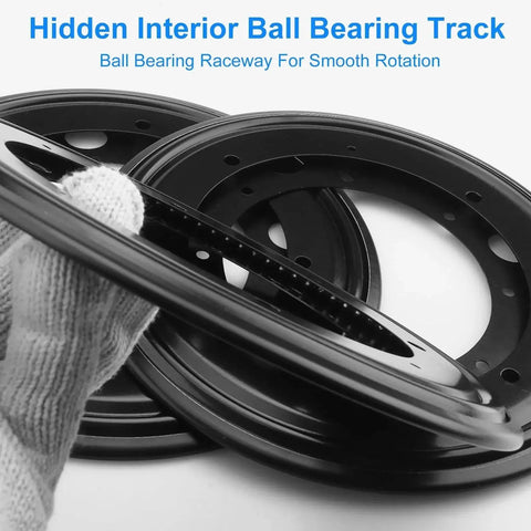 Close-up of 8 Pack 9 Inch Black Lazy Susan Turntable Bearing Plates showing hidden ball bearing track and solid metal construction.