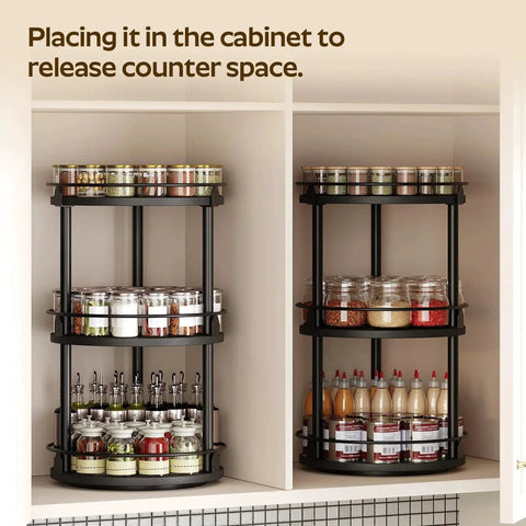 Three Tier Lazy Susan Organizer With 360 Degree Rotation Ball Bearing Turntable Spice Rack in black inside kitchen cabinet