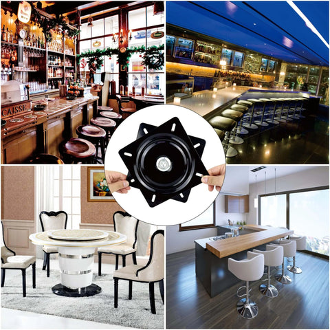 Bar and dining setups with 2 Pack 7 Inch Square Lazy Susan Turntable Bearings, Heavy Duty Zinc Plated Swivel Hardware displayed in center.