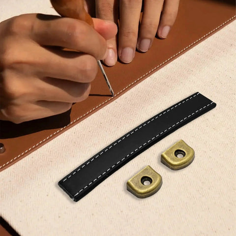 Crafting setup with Six Pack Leather Cabinet Pulls With Screws, Vintage Style Drawer Handles For Dresser Trunk And Suitcase, black leather