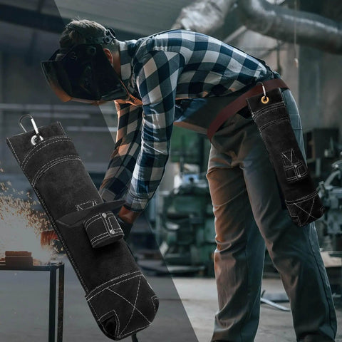 Welder using Welding Rod Holder Bundle For Arc Welding, 16 Inch Flame Resistant Leather Electrode Bag With Clip, Thickened Pouch