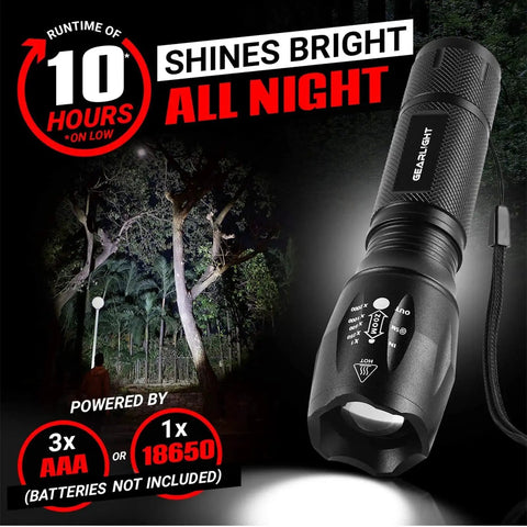Two compact, ultra-bright LED flashlights offer reliable, pocket-ready light for camping, hunting, home emergencies and everyday tasks with a five-mode, zoomable beam and battery-powered operation (batteries not included)