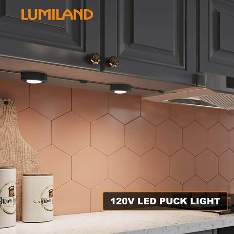 Wired LED Puck Lights For Cabinets 120V Plug In Lighting Warm White Surface Or Recess Mount Black Finish 2.7W Each