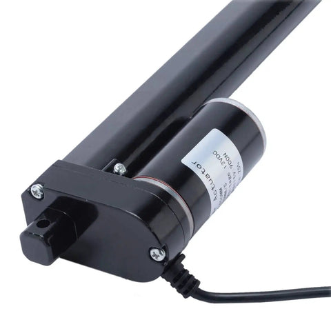 Close-up of black 18 Inch Stroke Linear Actuator With Mounting Bracket For Recliners TV Tables Massage Beds And Electric Sofas Supplying 225 Lbs Load Capacity At 12V DC With 0.39 Inch Per Second Travel For Indoor And Outdoor Use