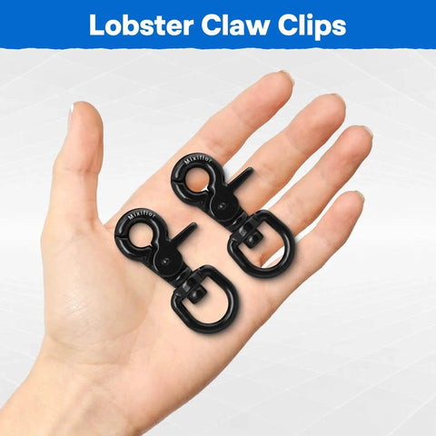 Hand holding two black lobster claw clips, labeled 'Lobster Claw Clips' displayed above.