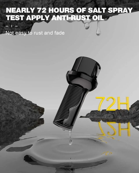 Black 28mm Shank 14x1.5 Lug Bolt hovering over water, showcasing rust resistance, R13 Ball Seat Compatible, 72-hour salt spray test