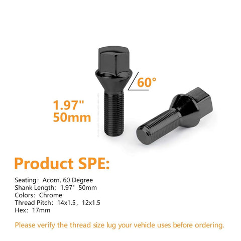 10 Pc 14mmx1.5 Lug Bolts 50mm Extended Length 17mm Hex Conical Seating, Black close-up with product specifications.