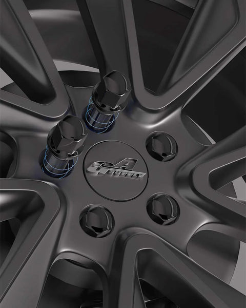 Close-up of black wheel with 28mm Shank 14x1.5 Lug Bolts R13 Ball Seat Compatible with Audi, shown installed