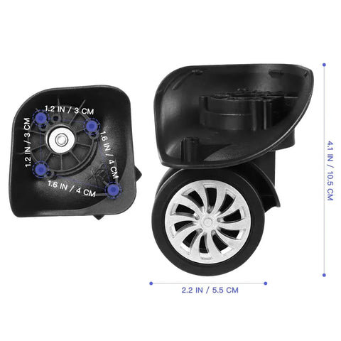 4 Pcs Black Luggage Wheels Replacement Plastic Universal Wheel Accessories For Suitcase Left And Right Swivel Caster With 4 Holes And 360 Degree Rotation Dimensions 4.01 By 3.58 By 3.58 Inches, showing dimension details and hole measurements on detached wheel.