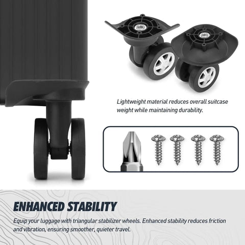 Replacement Luggage Swivel Caster Wheels Pair With 360 Degree Rubber Trolley Wheel Kit For Suitcases Repair And Travel Durable And Load Bearing With Premium PVC Rubber Metal Construction For Heavy Luggage And Smooth Quiet Rolling DL130 shown with screws and suitcase edge.