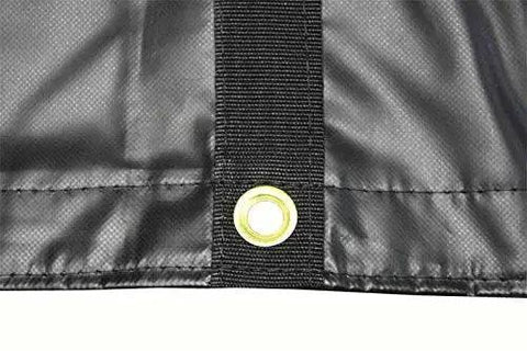 Close-up of 18 Ft By 27 Ft Black Lumber Tarp For Heavy Duty Flatbed Truck Cargo with 5 Ft Drop Flap, showing grommet and stitching detail