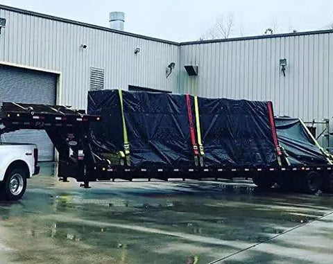 18 Ft By 27 Ft Black Lumber Tarp For Heavy Duty Flatbed Truck Cargo With 5 Ft Drop Flap, 18 Oz Vinyl Waterproof Tarpaulin on trailer
