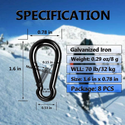 Black M4 Carabiner Clips Set Of 8 Heavy Duty Spring Snap Hooks Quick Links For Outdoor with size and weight specifications on snow background
