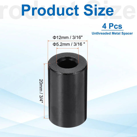 4 Pack Aluminum Spacers M5 Unthreaded Standoff Black Three Sixteenth Inch Inner Diameter One Half Inch Outer Diameter Three Quarter Inch Length For M5 Screws Bolts Durable Metal Spacers, side view highlighting dimensions.