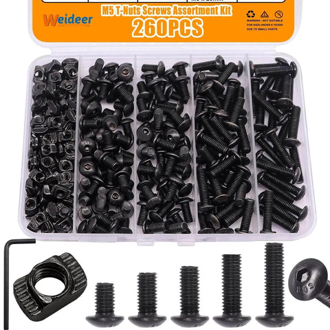 260Pcs M5 T Nuts And Screws Kit For MLok And Rail Mounts Compatible With 2020 Aluminum Profiles, assorted screws in open case