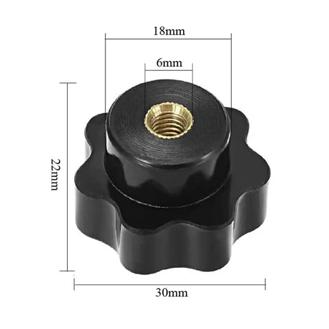 Five Pack M6 Internal Thread Clamping Knobs With 32mm Star Head Through Hole 7 Lobes Grip Black detailed dimensions view